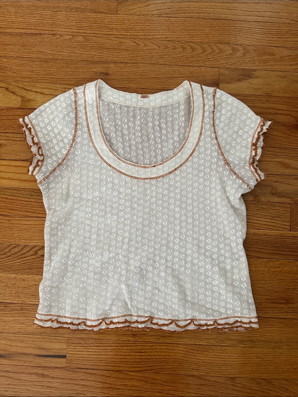 Free People Cream Lace-Trim Short Sleeve Top